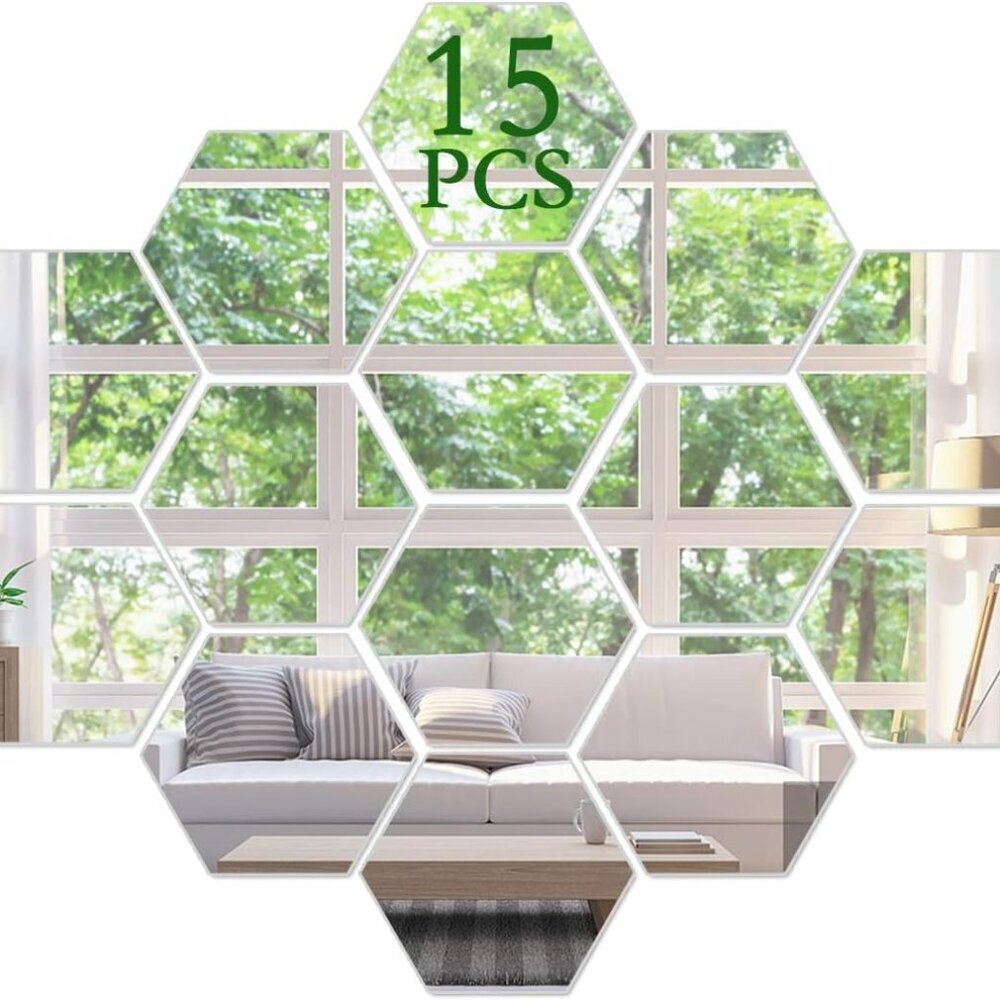 3D Hexagon Acrylic Mirror Wall Decor - Self Adhesive Tiles 15 PCS